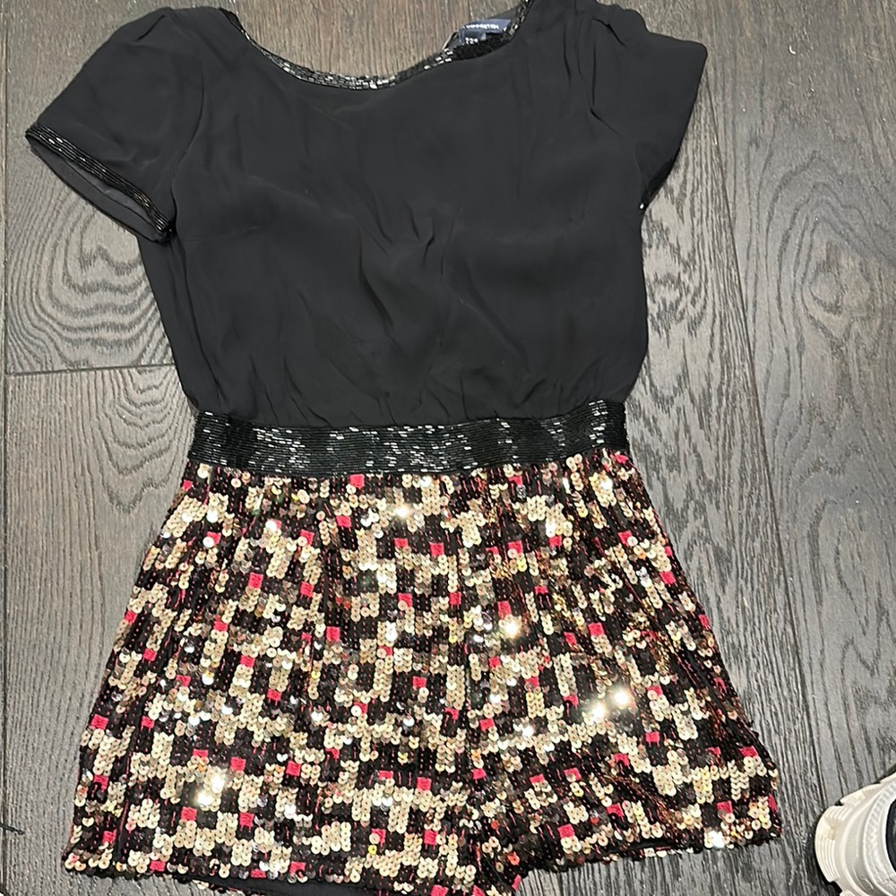 French Connection Black and Gold Sequin Romper